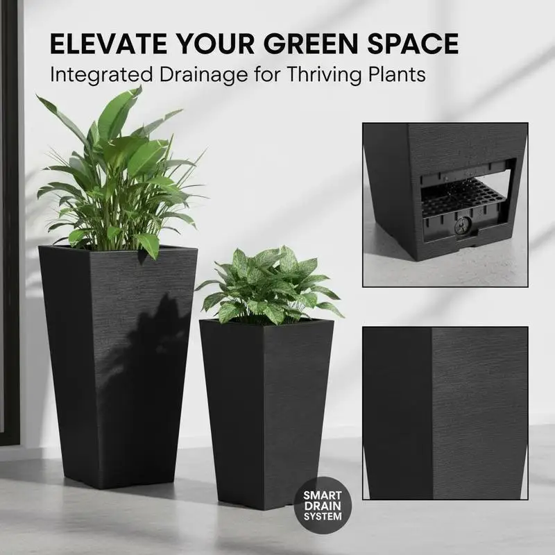 Pot de fleurs, lot de 2, grand pot de plantes 570 mm, design moderne, système de drainage intégré efficace, jardinière, pot de fleurs, pot pour véranda, patio, extérieur, intérieur, noir
