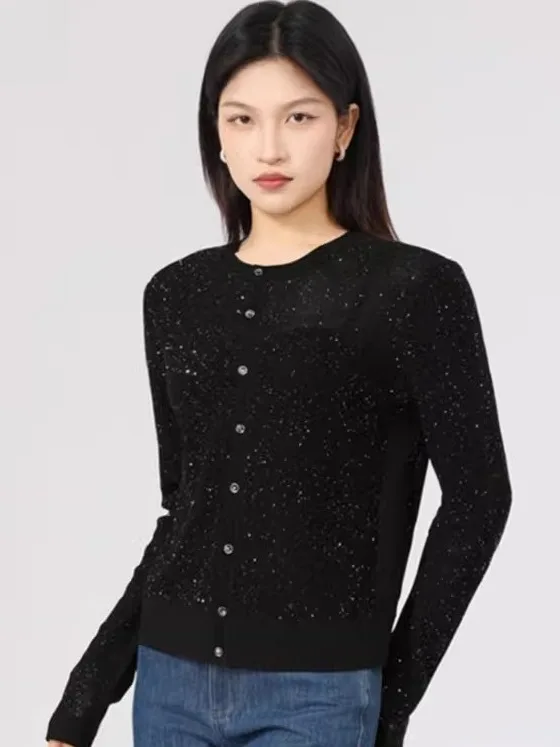 

Amai 2025 Spring Autumn round Ne Glimmering Sequin Knitted Open Cardigan Women's Faion Sle Regular Fit Long Sve