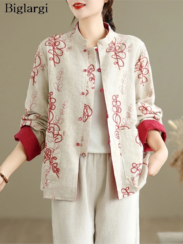 

Oversized Autumn Reversible Chinese Style Shirts Coat Women Floral Embroidery Fashion Casual Ladies Jackets Loose Woman Coats