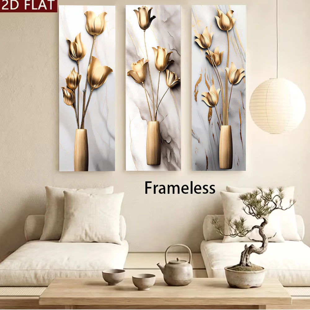 1 set of modern minimalist gold tulip triple frameless wall stickers, self-adhesive waterproof art stickers, Nordic light luxury