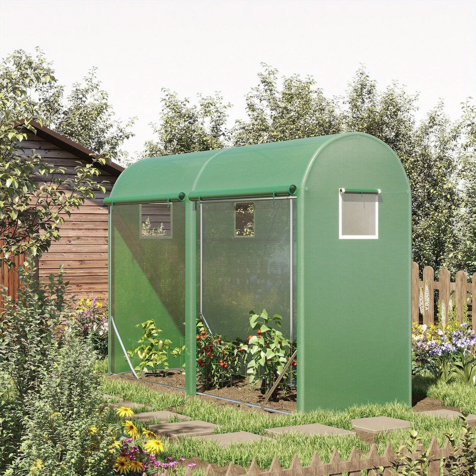 Walk-In Tunnel Greenhouse Hot House for Outdoor w/ Roll-up Door, 10'x3'x7' Green