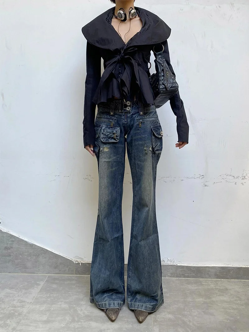 

Американские рабочие брюки в стиле High Street с множеством карманов, женские, летние 2026, Y2K, модные, длинные, микро-клеш, джинсы