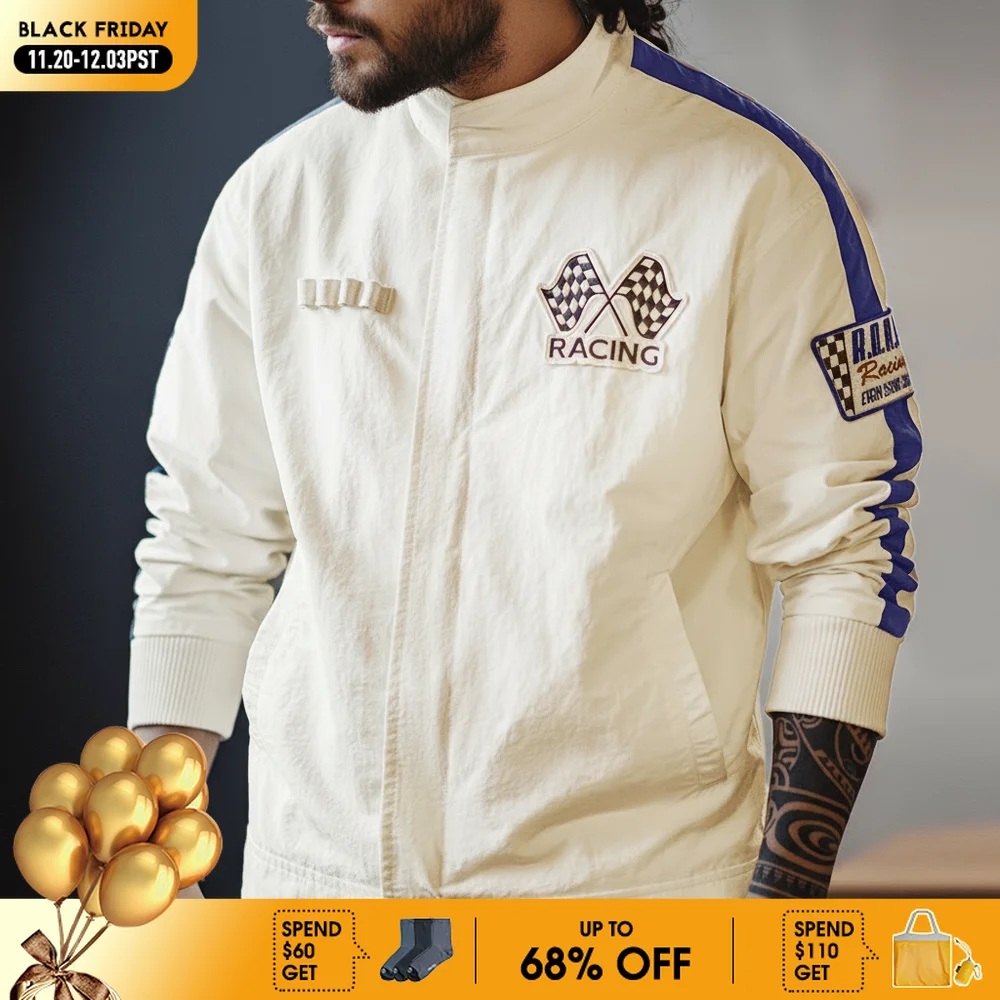 

Maden Vintage Color Blocked Embroidered Racing Jacket Casual Baseball Collar Jacket Men's Spring Versatile Zip-up Outerwear