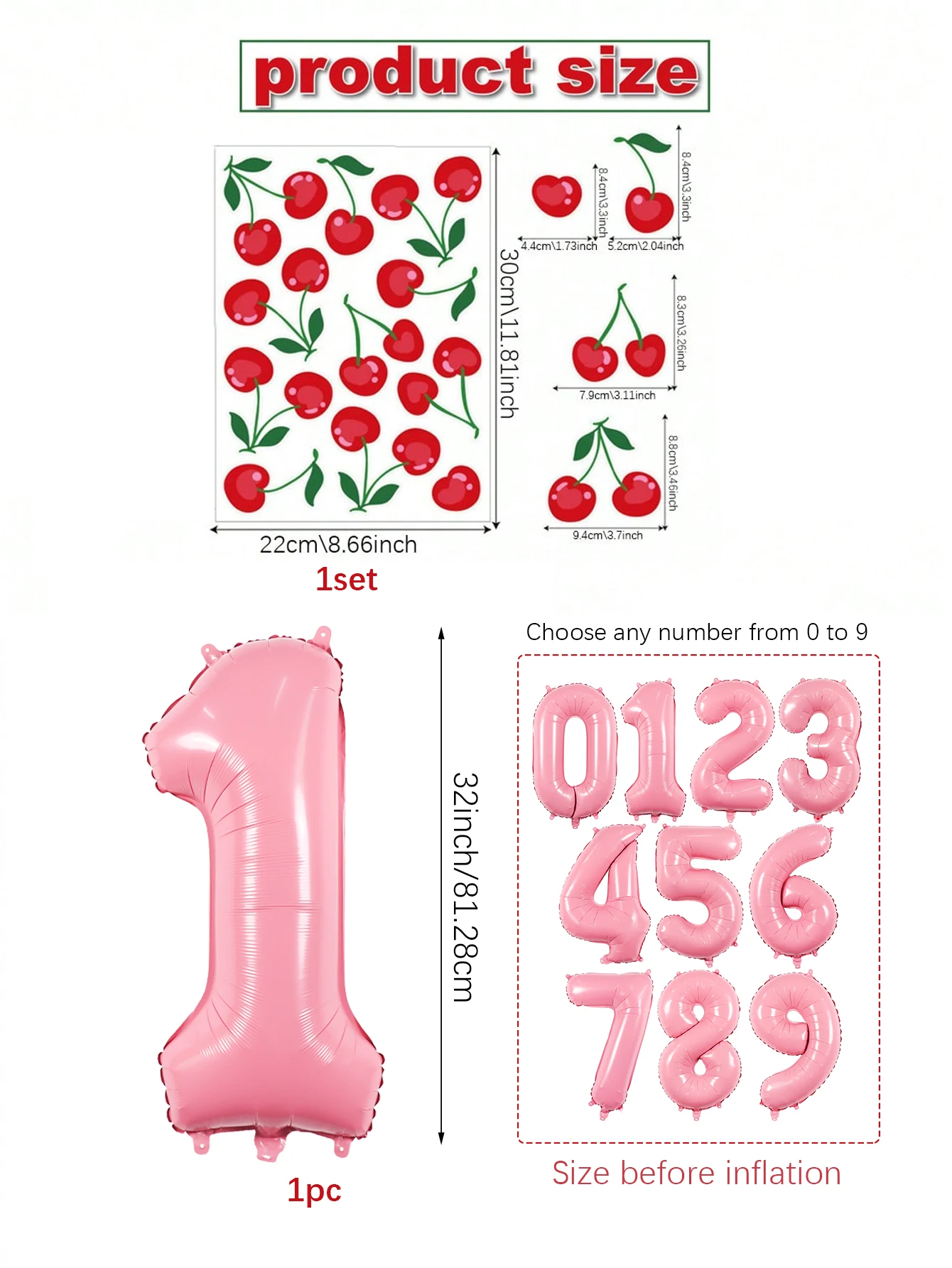 قطعتان من بالونات الأرقام المزينة بالكرز، زينة عيد الميلاد، حفلات أعياد الميلاد بطابع الكرز، الزفاف، زينة عيد الميلاد الأول
