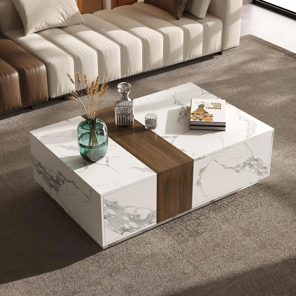 Marble & Walnut Coffee Table – Modern Block Design Living Room Center Table with 2 Storage Drawers, White Marble, Customized