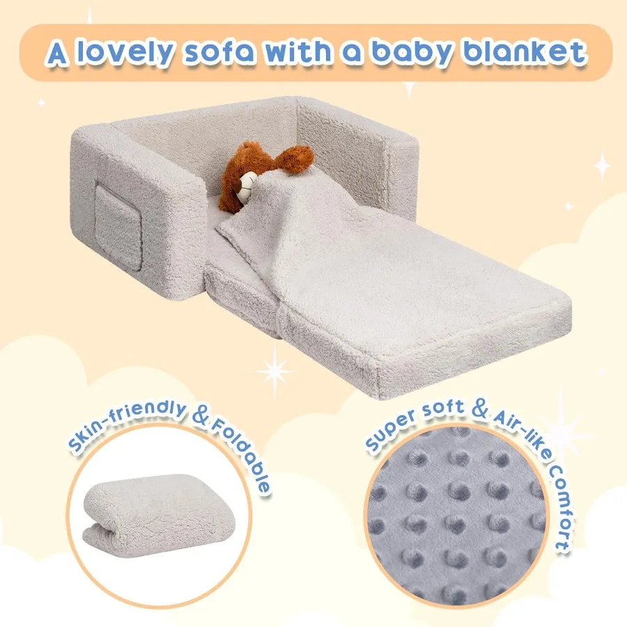 Fold Out Toddler Couch Extra Wide Comfy 2in1 Cuddly Sherpa Sofa for with Removable Baby Friendly Blanket Convertible Sofa to Be