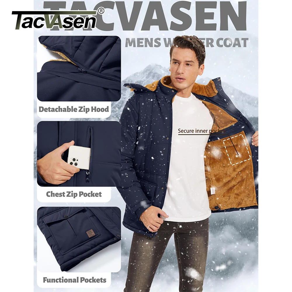 TACVASEN Men\'s Fleece Lined Parkas Jacket Thick Thermal Waterproof Outdoors Snow Working Camping Hooded Coats Zip Up Windproof