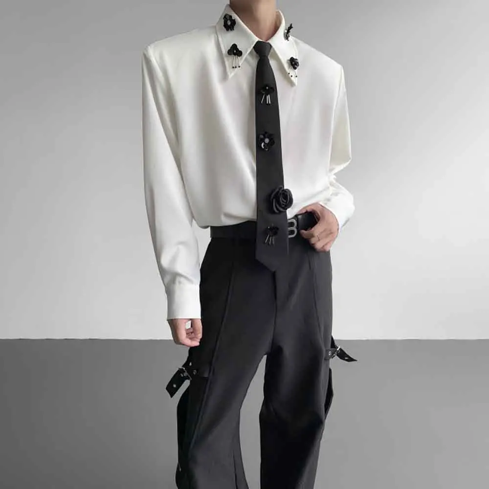 

Mens Fall Shirt Floral Tie Padded Shoulder Shirt Streetwear Fashion Nightclub Stage Performance Niche Long-Sleeve Top Men'S Wear