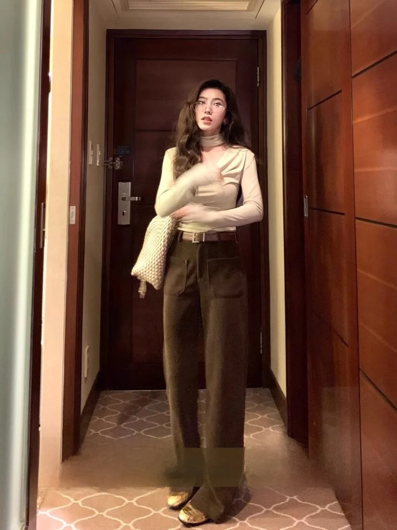 

Женские вельветовые брюки с высокой талией и прямым кроем, с разрезами, повседневные длинные брюки в винтажном и корейском стиле для офиса и города