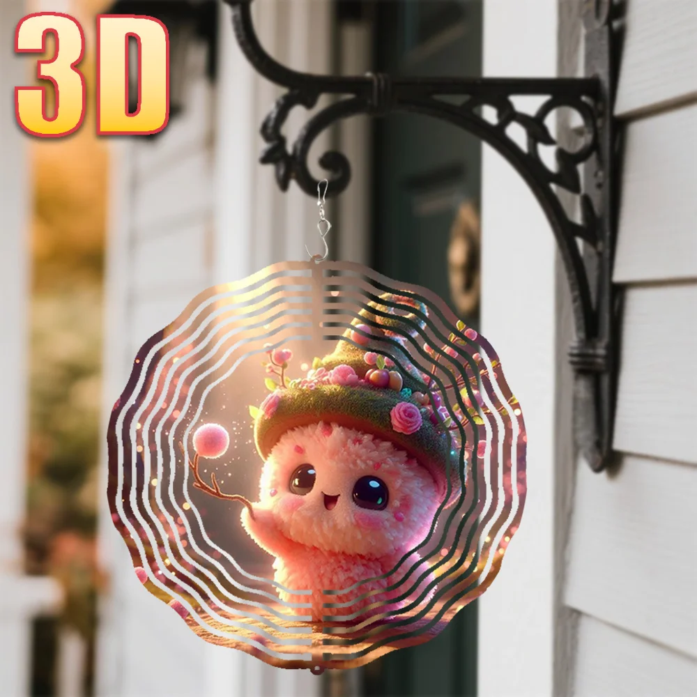 3D 1pc  Cute Fluffy Owl in Wizard Hat Surrounded by Pink Flowers And Sunlight with Rotating Hook, 360° Creative Wind Spinner