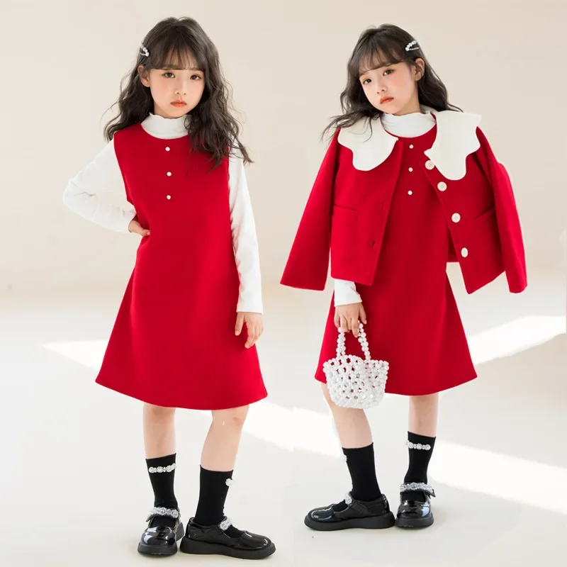 Christmas Girls Set Woolen Vest Dress Jacket 2pcs Autumn Winter Thick Warm Teen Children Clothing Set Red New Year Kids Outfits