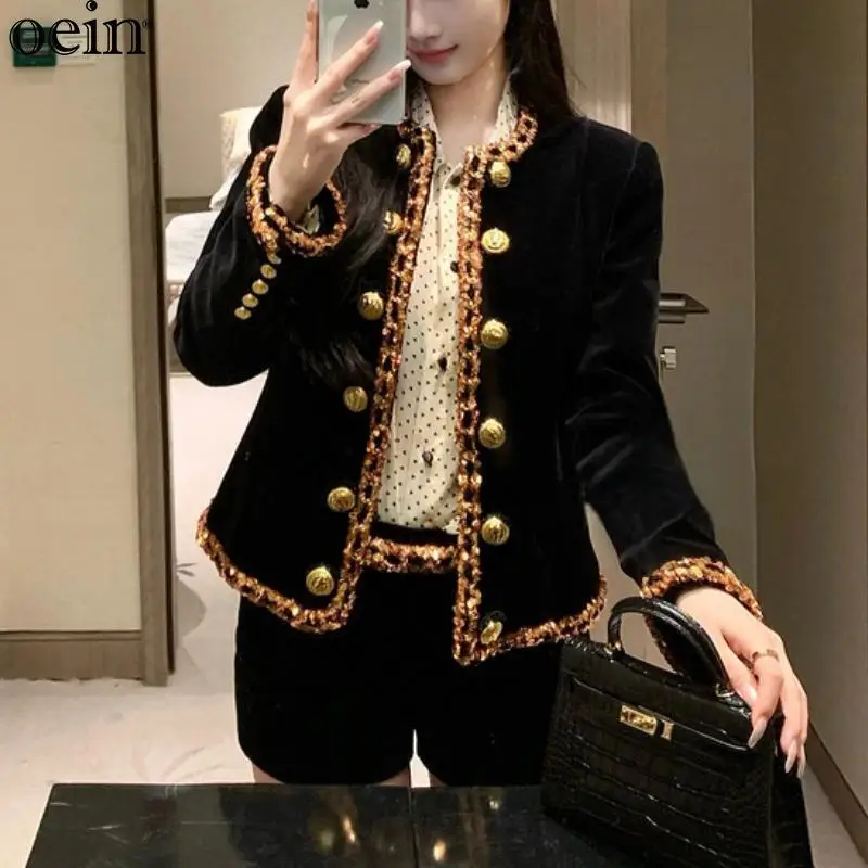 Black Chain Woven Sequin Short Jacket Women 2024 New Autumn Heavy Industry Diamond Studded Western-style Suit