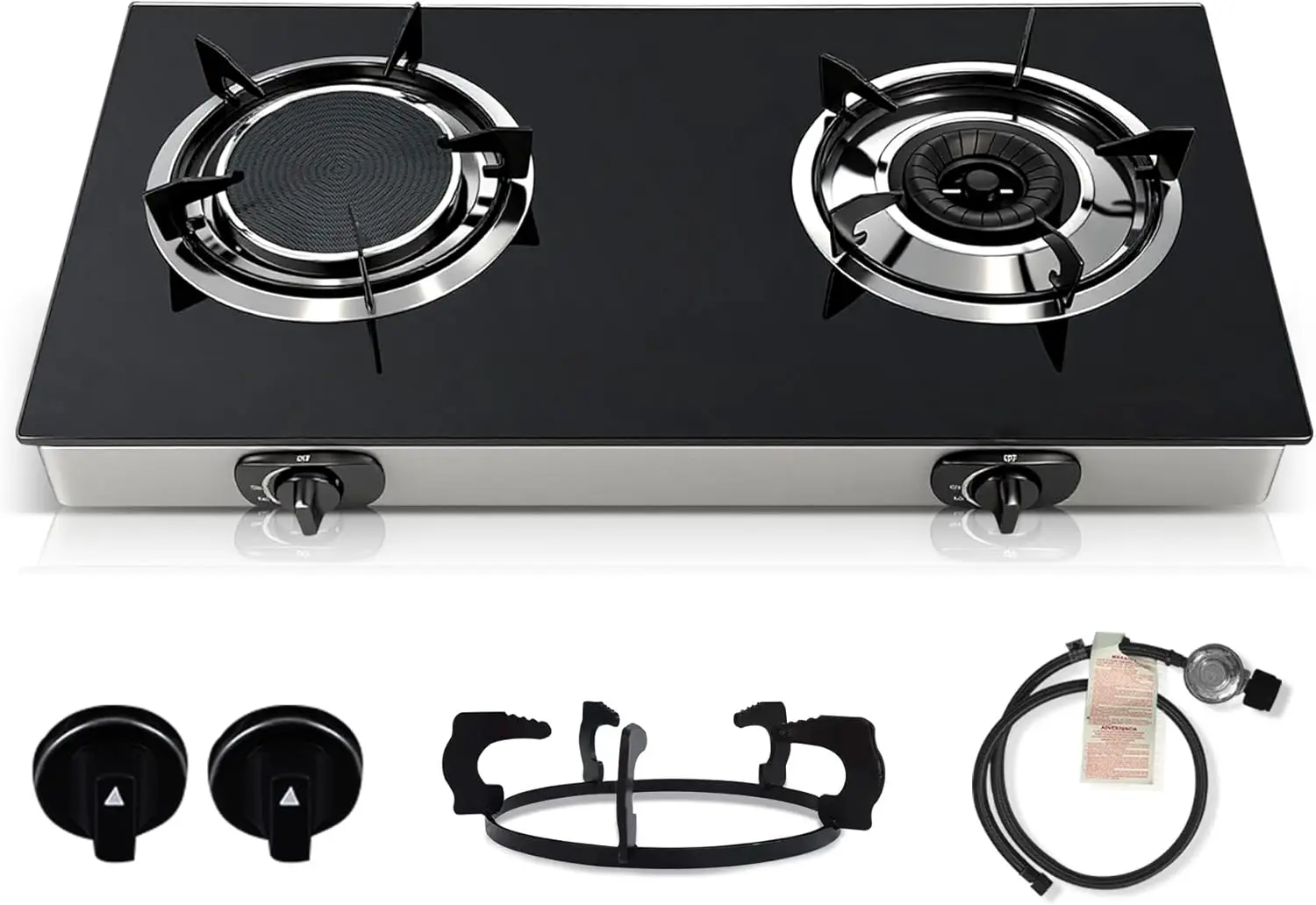 2-Brenner Propangas-Herd, 20472 BTU/h Tragbarer Campingkocher mit Gehärtetem Glas, Infrarot- und Blauflamme, Automatische Zündung