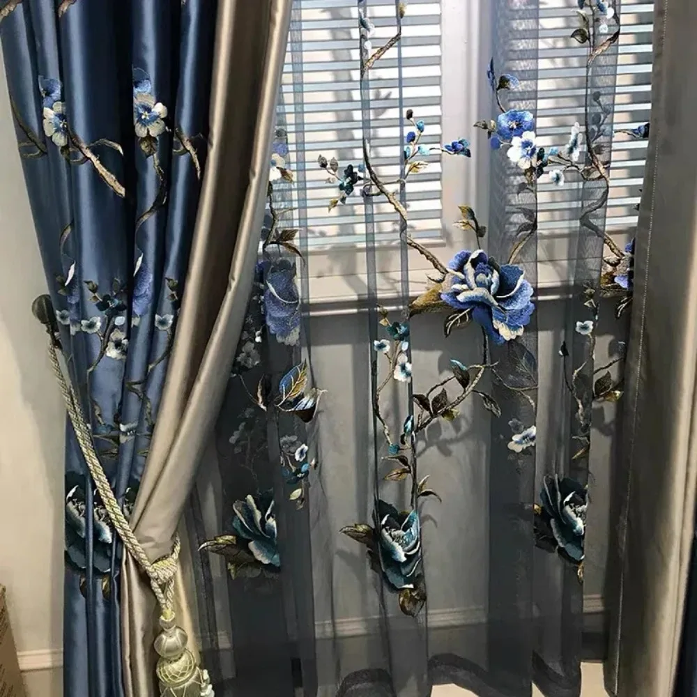Curtains for Living Dining Room Bedroom New Chinese Luxury Red Blue Peony High Shading Precision Embroidered Windows Door Custom