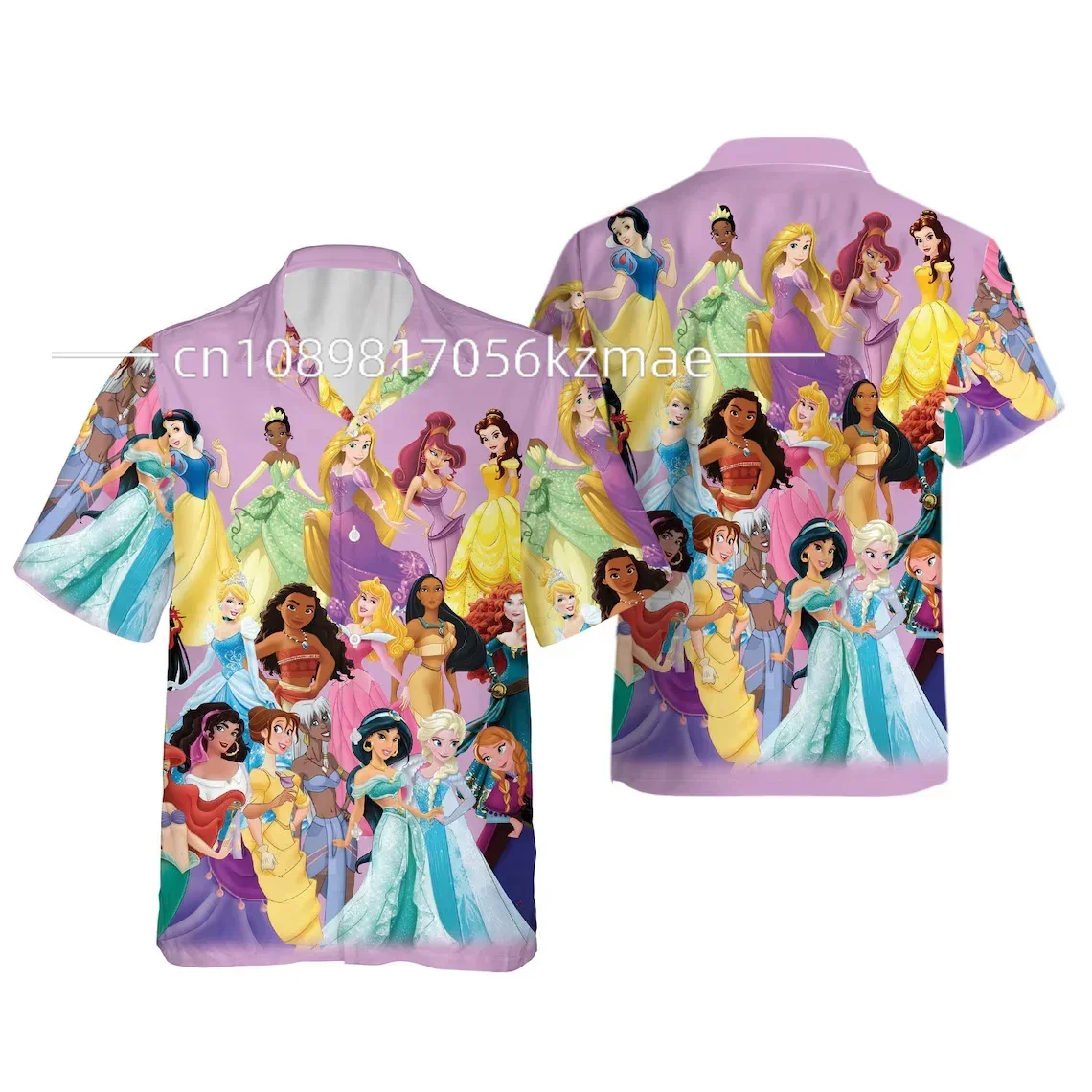 2024 Summer New Disney Princess Beach camicia hawaiana Princess Holiday camicia hawaiana camicia a maniche corte da uomo e da donna