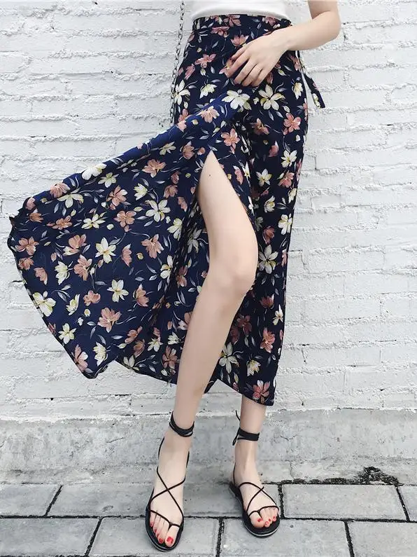

n Floral Print ter Ne Dr Women's Summer Beach Holiday Wrap Skirt Tie Dye High Waist Polyester