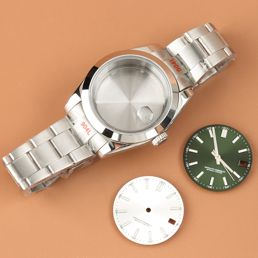 

36/39mm Watch Case With Green 28.5mm Dial Hands Blue Luminous Oyster Strap For Datejust NH35 NH36 Movement Sapphire Glass Case