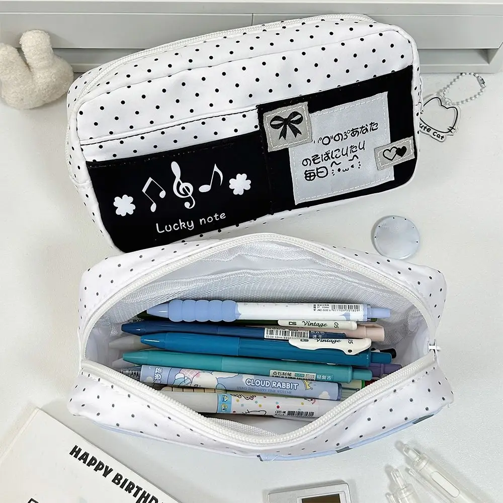 Multi-functional Black Polka Dot Pen Bag Large Capacity Portable Pencil Case Multi-layer Stationery Organizer Back To School