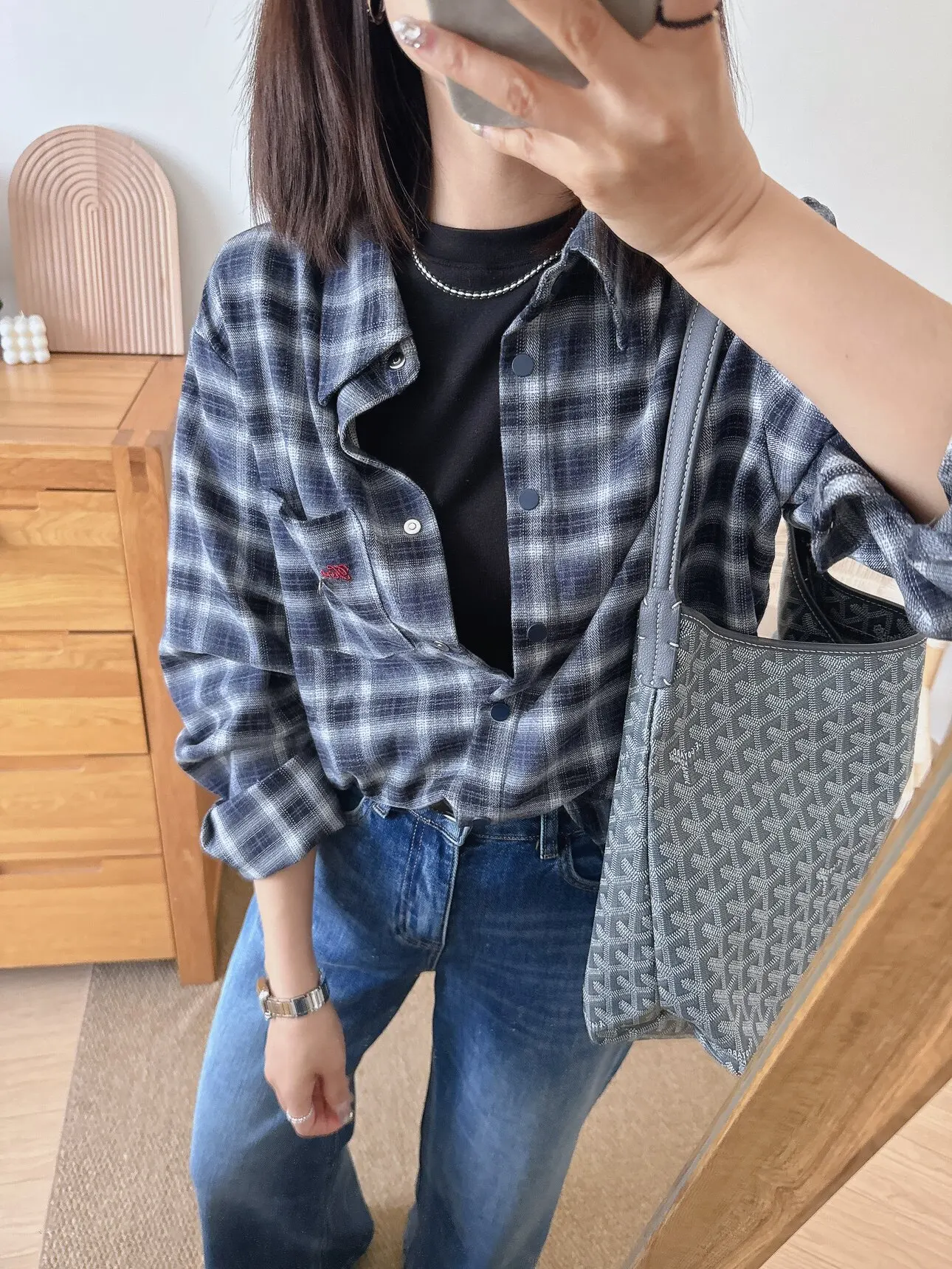 

High Quali Casual Sle Long Sve Embroidered Brued Loose Midi irt for Women Spring Early Season Plaid Pattern