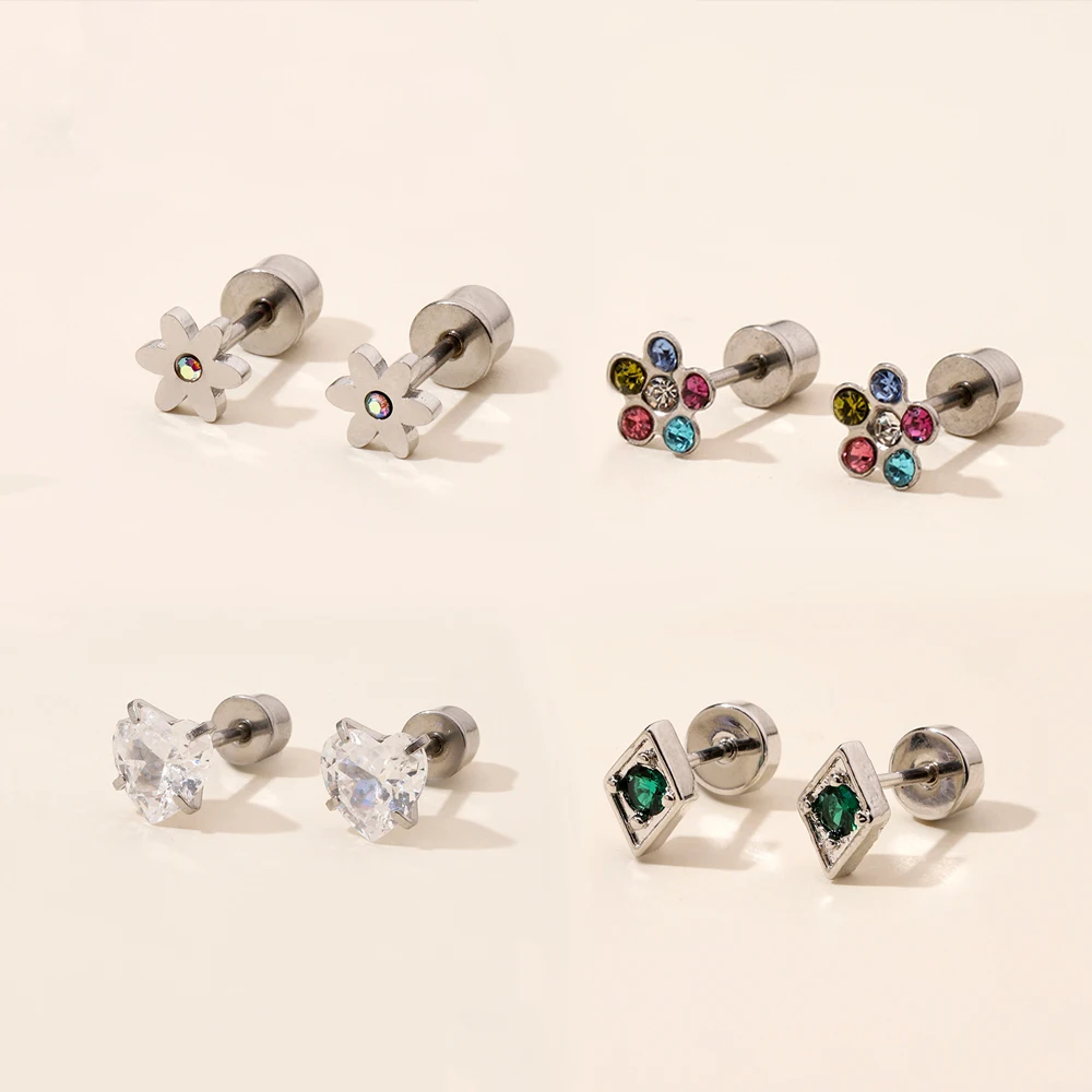 1Pair Crystal Stainless Steel Square Stud Earrings Mini Lovely Ear Studs For Women Men Party Jewelry Punk Shiny Earrings Gifts