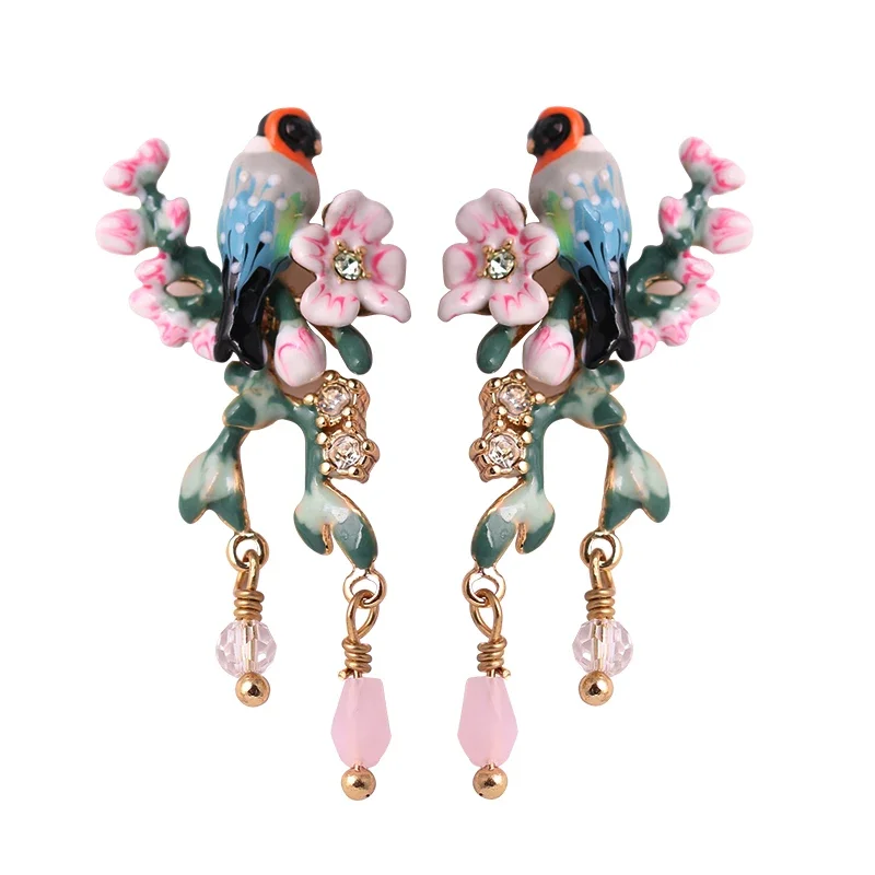 New Cute Forest Series Blue Bird Green Leaf Enamel Color Glaze Bird Pink Beads Tassel Stud Earring Handmade Painted Rhythmic