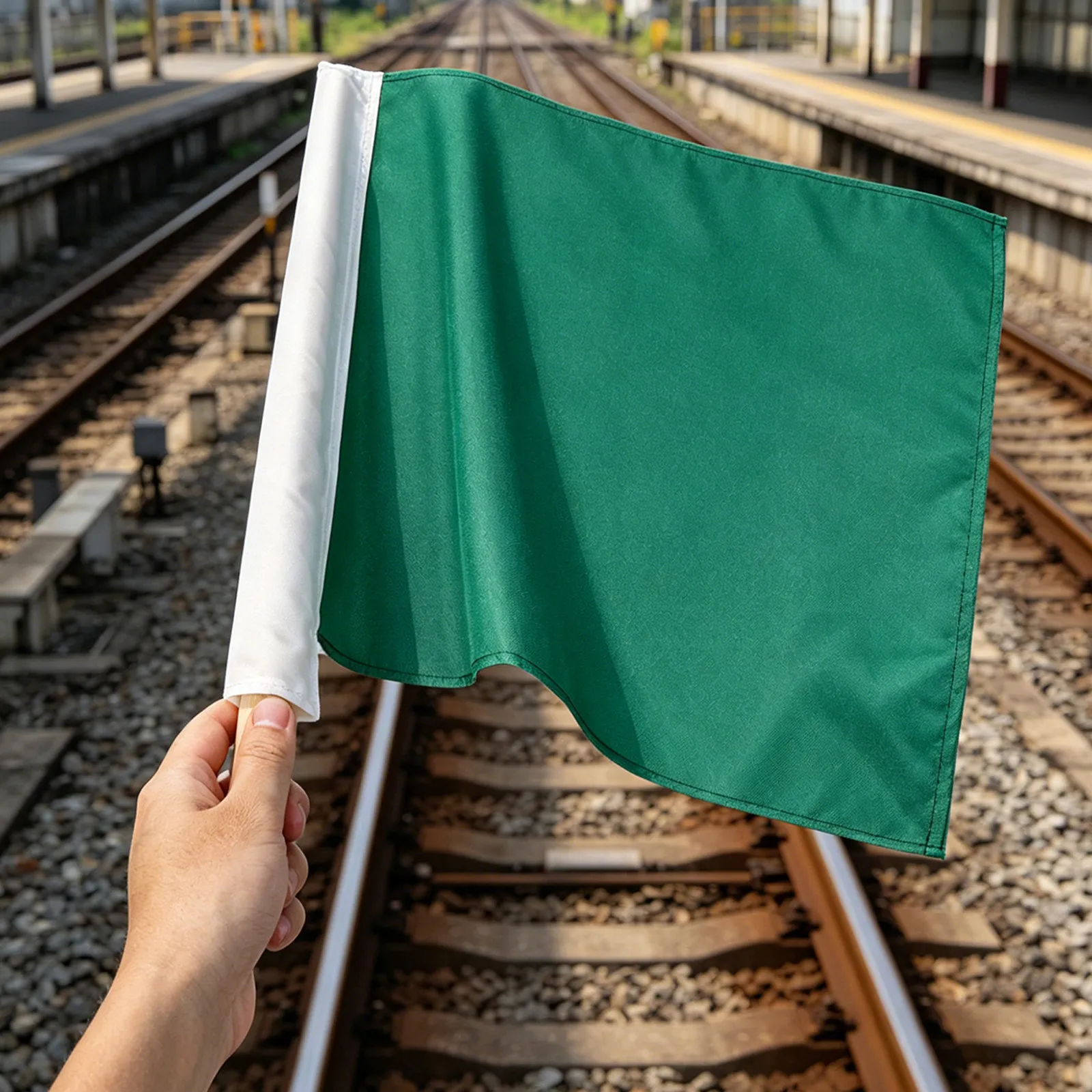 鉄道信号旗、緑色、明るい色、197×197cm、旗竿付き、安全・交通用、手持ち式、緊急警告用、スポーツ審判用、交通整理用。