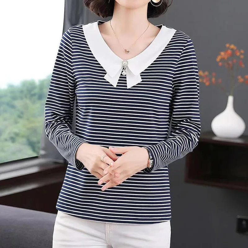 Casual Fashion Solid Striped Printing T-shirt Spring Autumn 2022 Long Sleeve Peter Pan Collar V-Neck Loose Tops Ladies Clothing