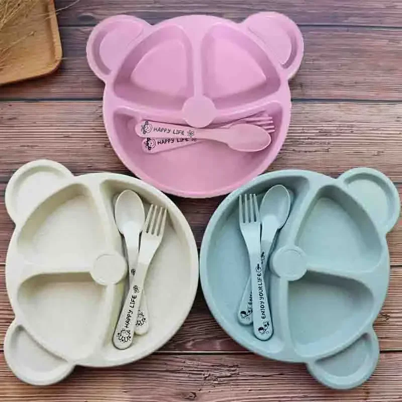 New Fractal Cartoon Bear Kids Plate Set Bowl+Spoon+Fork Feeding Food Tableware Wheat Straw Dinnerware Designed For Children