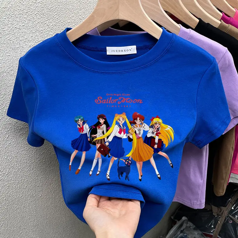 Summer Cartoon Fancy Sailor Moon Print Popular Klein Blue O-Neck Casual Sporty Yoga Preppy Women Tee T-Shirts Female Short Tops