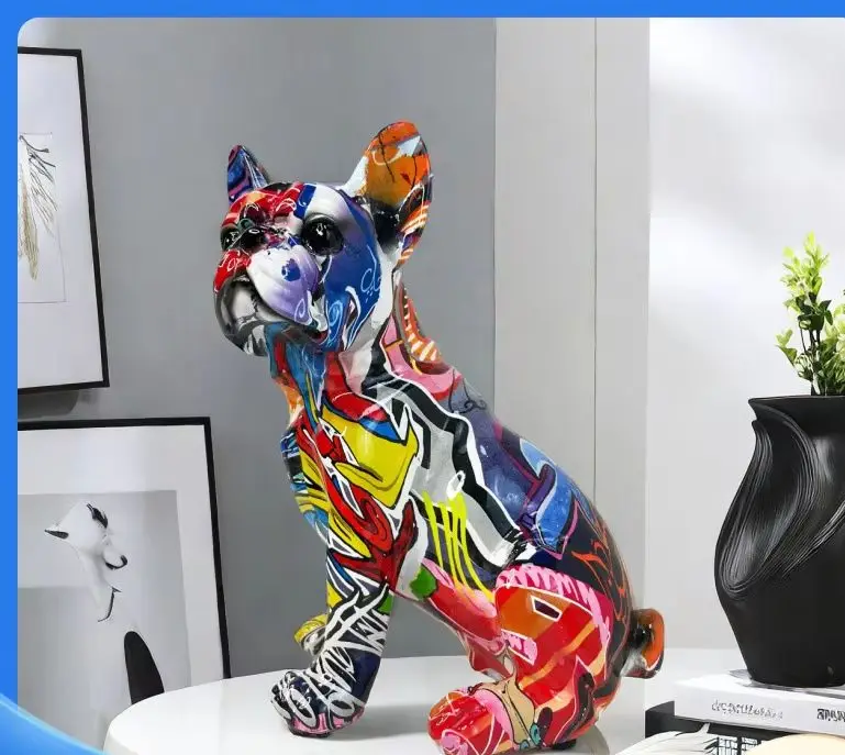 Colorful Standing French Bulldog Resin Statue Decoration Pet Dog DIY Graffiti Crafts Desktop Animal Art Statue Ornament