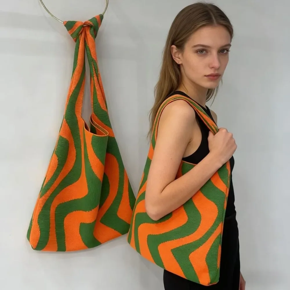 Geometric wave knitted women's handbags Fashionable orange-green striped design fixed shoulder straps for casual or formal occas