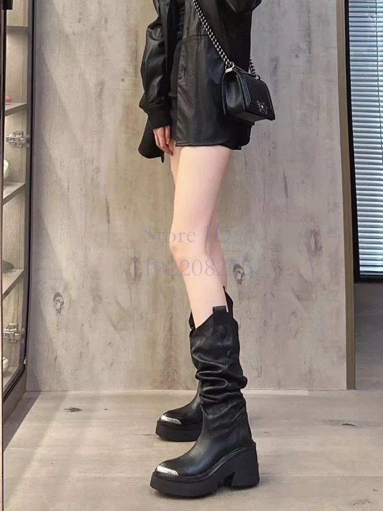 

Black Embroidery Pleated Mid-calf Boots Western Metal Pointed Toe Slip-on Square Heels Knight Boots Women Punk Shoes 2024