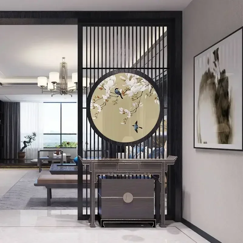 Style Living Room Partition Entryway Hollow Carved Solid Wood Entry Transparent Yarn Painting Screen
