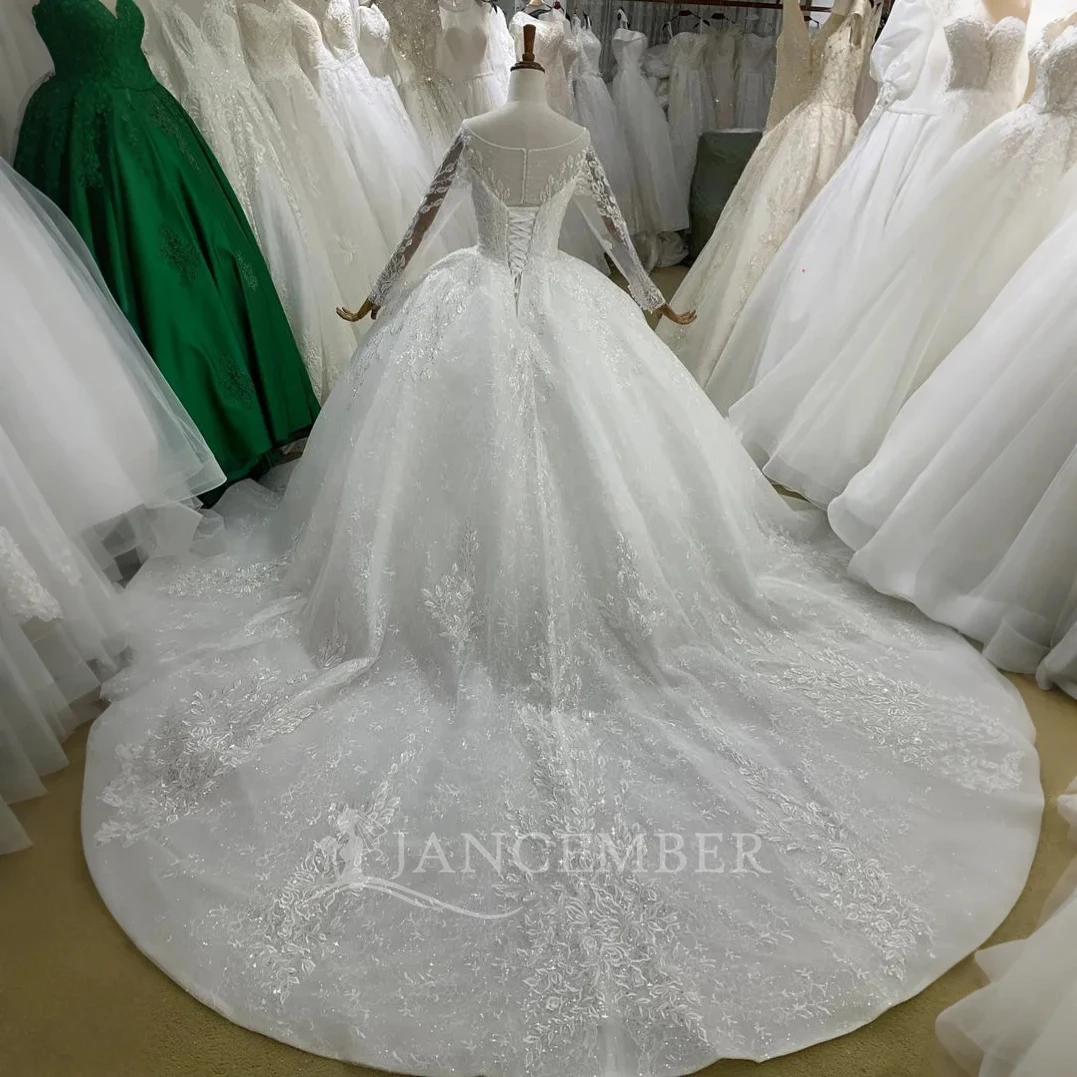 Maßgeschneidertes Vintage-Hochzeitskleid für Frauen mit Pailletten, Brautkleid, O-Ausschnitt, langen Ärmeln, Sweep-Zug, rückenfrei, Serpeggio