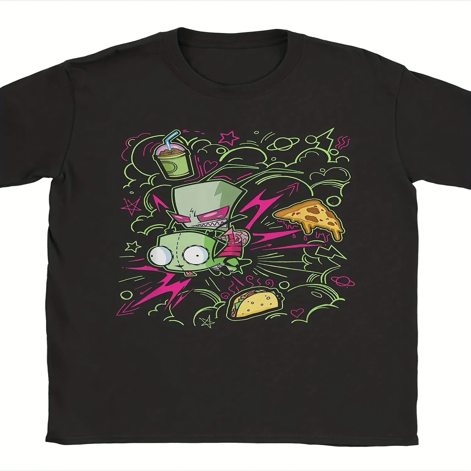 Zims Invaders Men's Retro Neon Doodle T-Shirt - Loose Fit Crew Neck Short Sleeve Tee with Iconic Zims Invaders Print, Stretch Fabric Suitable for All Seasons, Casual Wear Gaming Apparel, Machine Everyday Wear Shirt, Art Print Tshirt