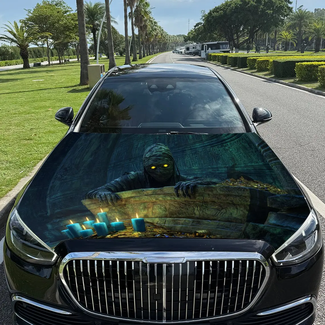 

Gloomy Tomb Mummy Car Vinyl Wrap, PVC Waterproof Car Hood Sticker, Self-Adhesive Scratch-Resistant Stickers for Engine Cover, Ca