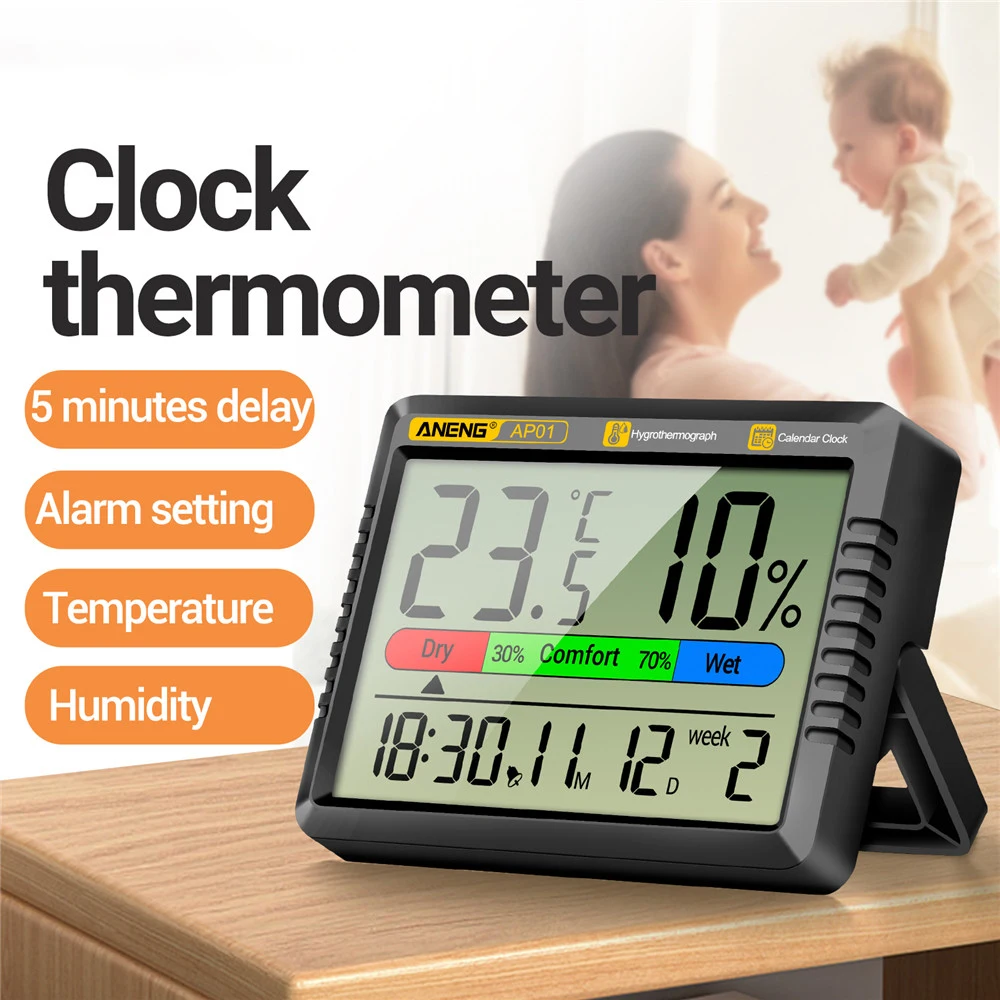 Multifunction Thermometer Hygrometer Automatic Electronic Temperature Humidity Monitor Clock Calendar  Week Large LCD Screen