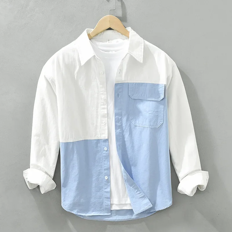 Japan Fashion White Shirt Men Streetwear Loose Shirt Casual Pure Cotton Top Lapel Patchwork Long Sleeve Shirts Man Youth Clothes