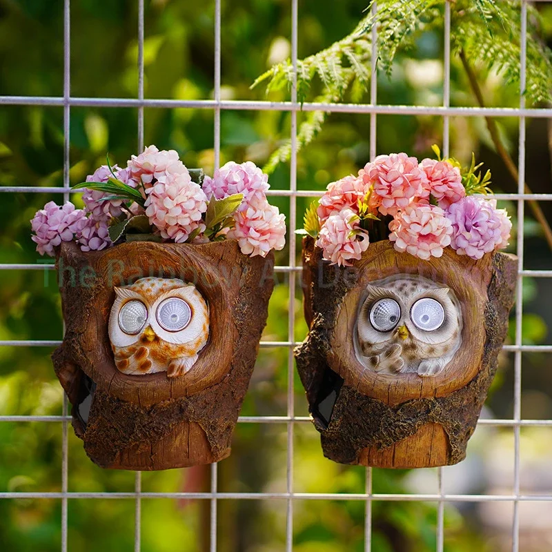 Creative wall hanging flower pot cartoon cute owl solar light ornament garden fence flower pot garden decoration