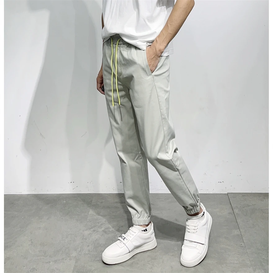 

G Series Men's Summer Thin Anti-Wrinkle Breathable Cuffed Casual Pants Elastic Waist Pure Color Long Trousers Straight Leg Style