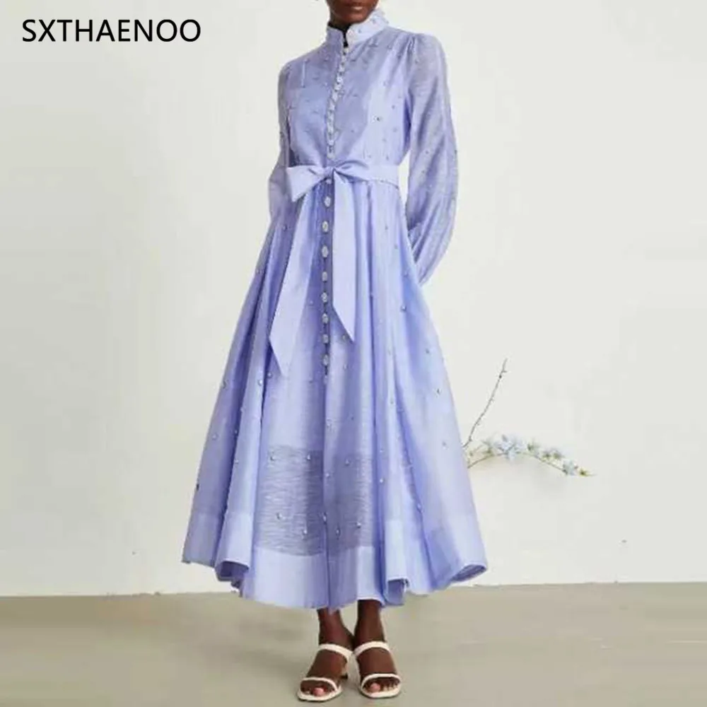 

SXTHAENOO Elegant Long Dress British Style Fashion Beading Single Breasted Design Gentle Temperament Dresses Women 2025 Autumn