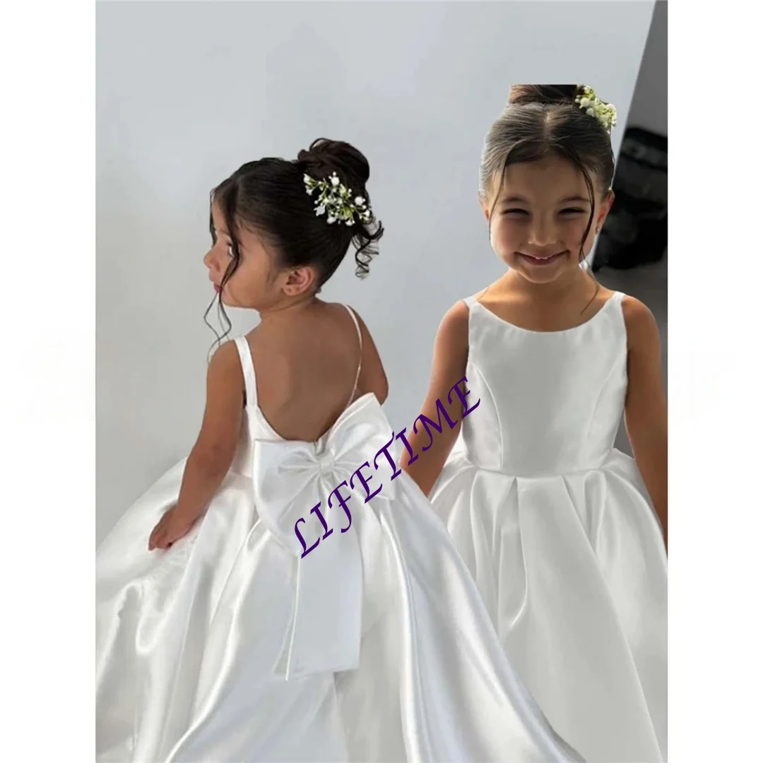 Precioso vestido rosa personalizado con flores para niña, sin mangas, de satén esponjoso con lazo para niños, boda, fiesta de cumpleaños, vestidos de baile de noche personalizados