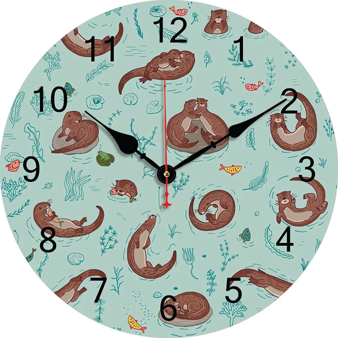 Cartoon Animal Otter Wall Clock Kitchen Decor Wall Art Silent Non Ticking Large Round Wall Clocks For Living Room Bedroom Office