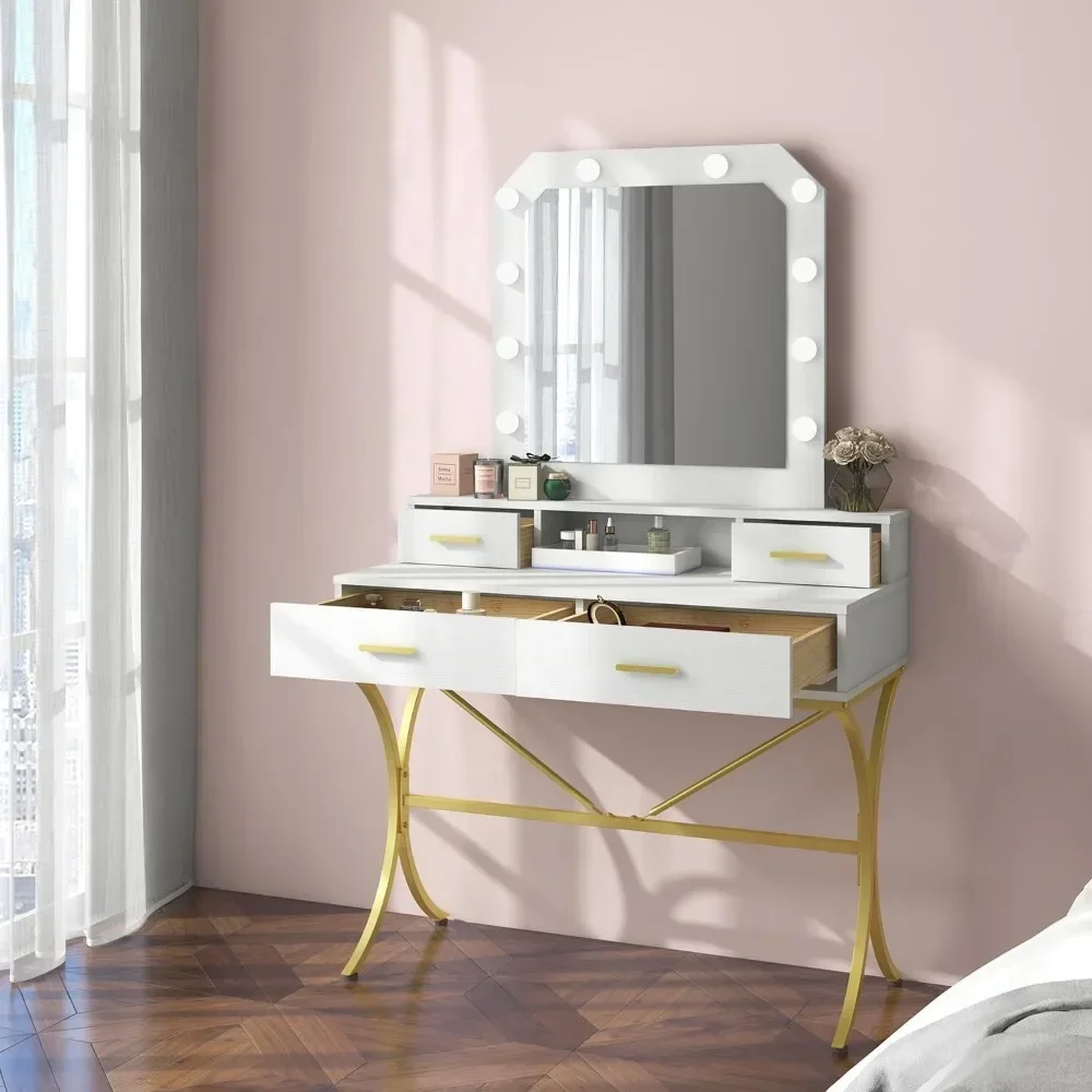 

Dressing table with illuminated mirror, modern dressing table with 10 lights, bedroom 4-drawer storage dressing table