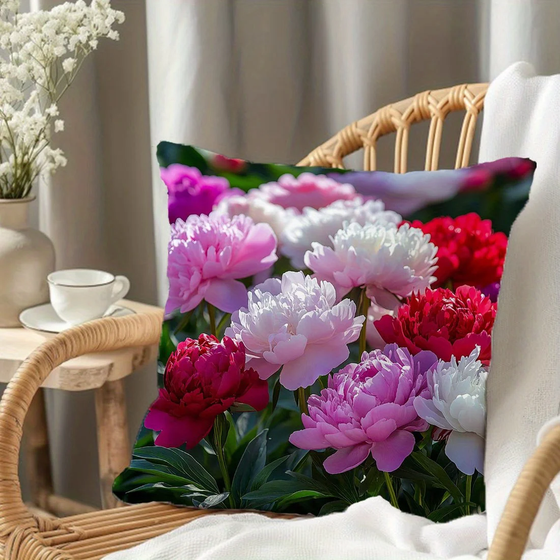 Funda de Almohada Decorativa con Estampado Floral de Peonías Vibrantes, para una Decoración Romántica del Hogar y la Sala de Estar
