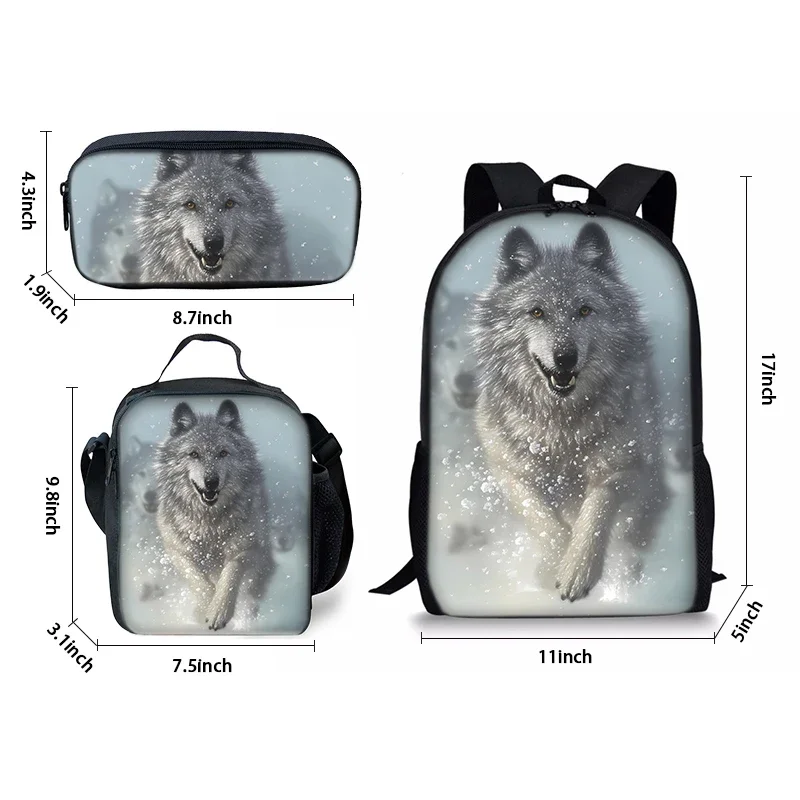 مجموعة حقائب ظهر مكونة من ثلاث قطع من Animal Wolf King للأولاد والبنات، أفضل الهدايا، حقيبة ظهر مدرسية كرتونية ثلاثية الأبعاد للأطفال
