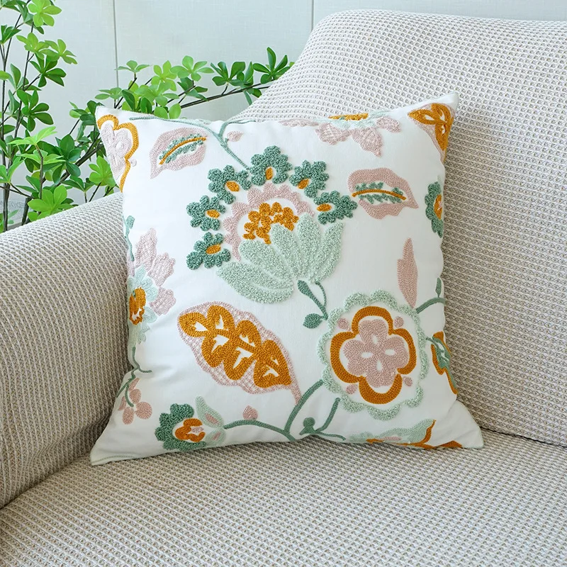 Blumenhandtuch bestickter Kissenbezug, quadratisches Netz, beliebter nordischer Stil, reine Baumwolle, Kissenbezug für Wohnzimmer, Sofa, Kissenbezüge – Detail 10