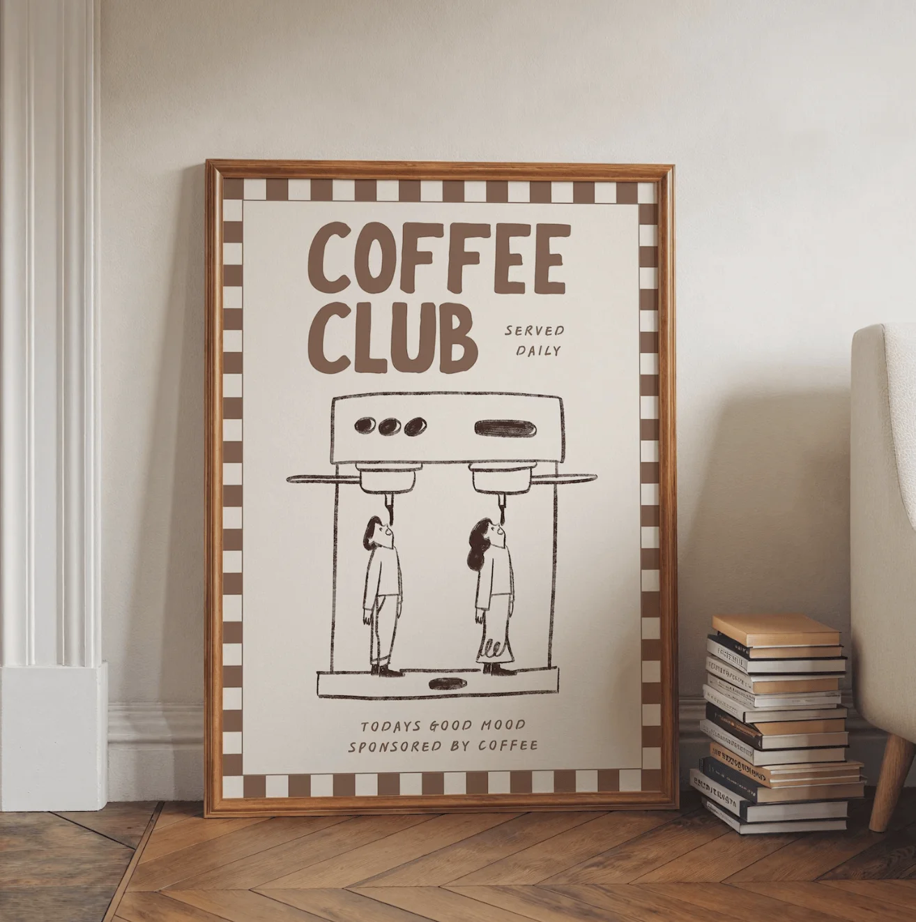 Coffee Club Hand Drawn Canvas Prints Posters Decor, Minimal Coffee Machine Wall Art for Kitchen Coffee Bar Cafe Living Room