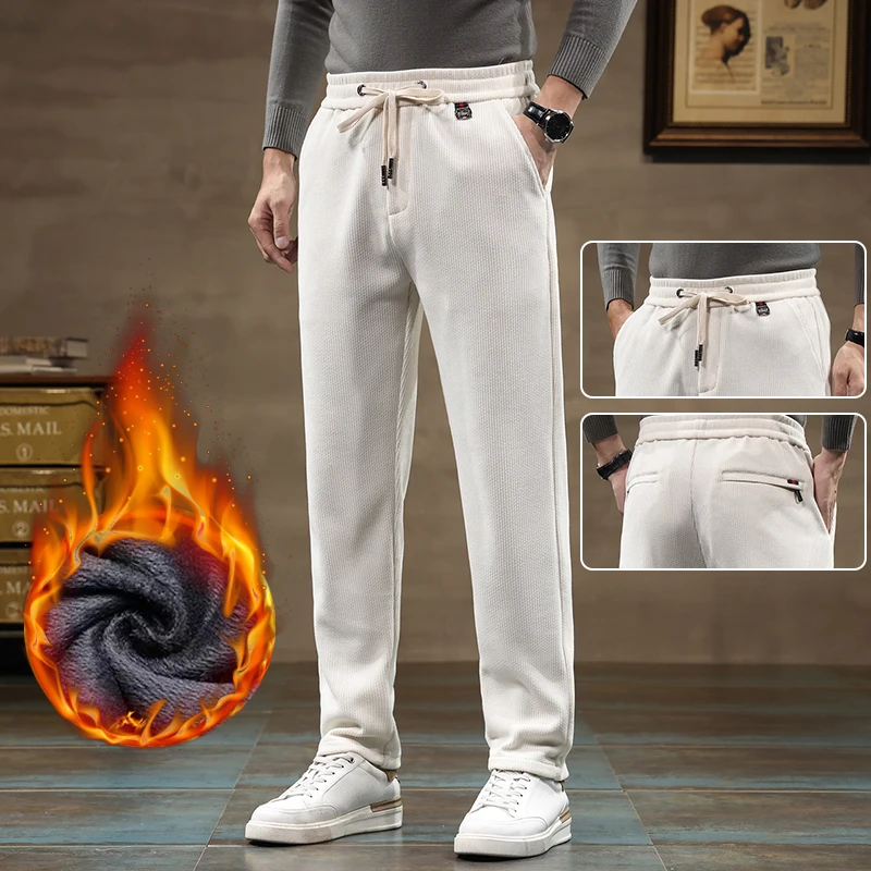 

Men's Winter Corduroy Casual Pants Thick Fleece Warm Elastic Waist Straight Slim Trousers Non-Shrink Fabric Soft Velvety Texture