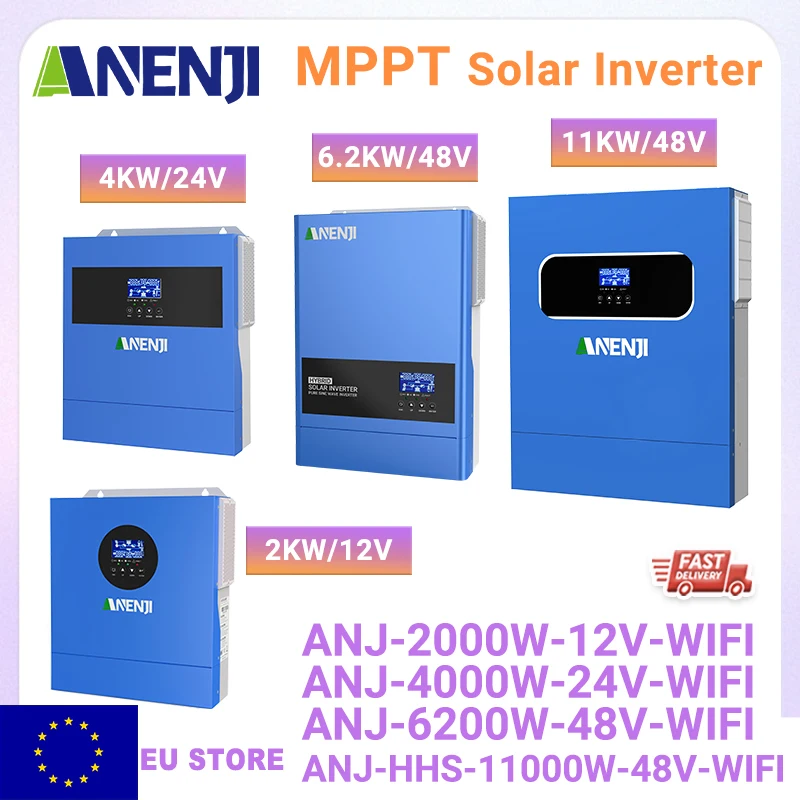 ANENJI MPPT Hybrid Solar Inverter 6.2KW 4.2KW 2KW 11KW 230VAC Pure Sine Wave On/Off Grid Built-in MPPT Solar Charger Controller